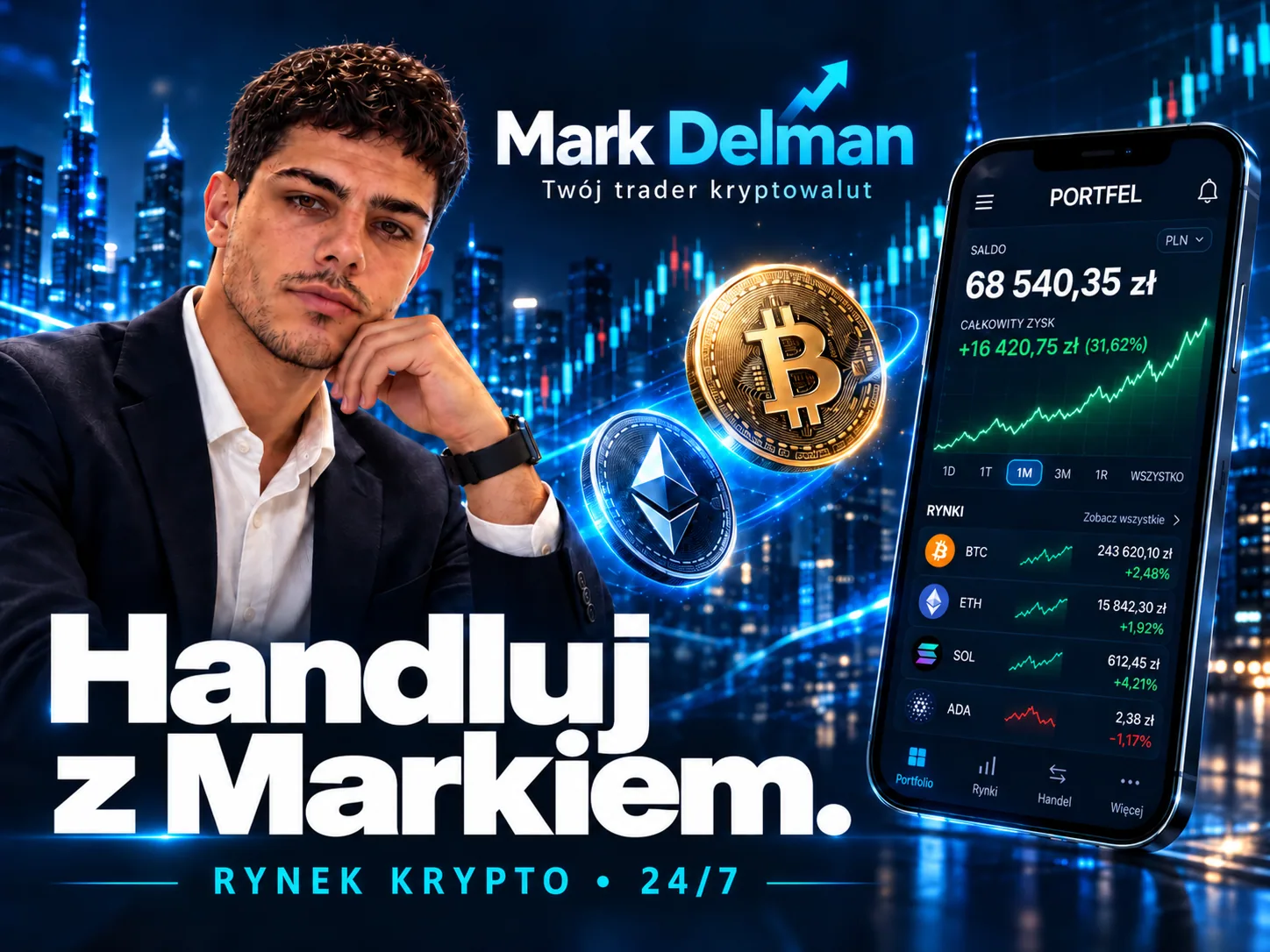 Grafika promocyjna Marka Delmana z monetami kryptowalut i przykładowym widokiem portfela na telefonie.